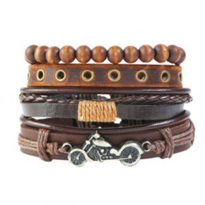 Leaf Feather Wood Brown Leather Motorcycle Wristband Braided Rope Wrap B…